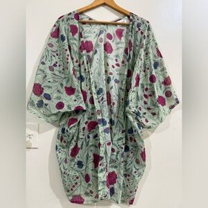 ba&sh Mint Floral Open Kimono with Magenta & Teal Accents